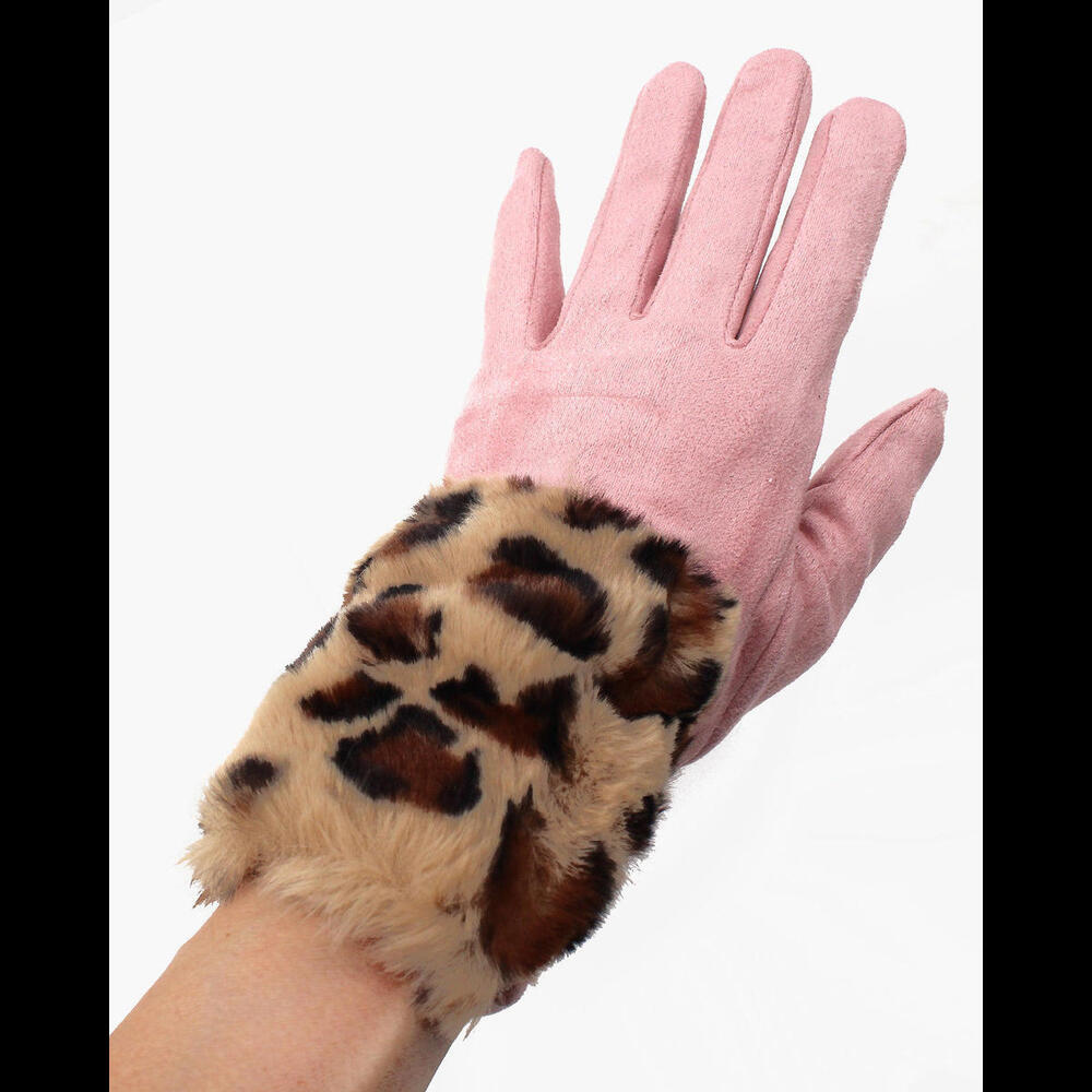 Fashionable Pink & Leopard Print Faux Fur Gloves